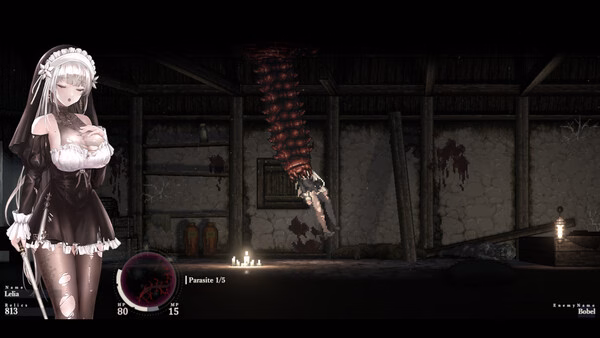 Screenshot from SiNiSistar 2 showing a character in a maid outfit in a dimly lit, eerie room with candles and bloodstains.