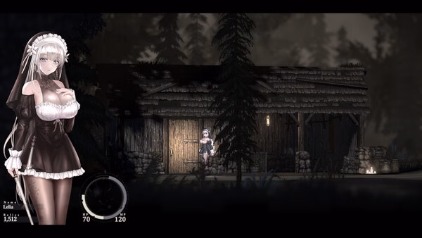 Screenshot from SiNiSistar 2: A character stands in front of a dimly lit wooden cabin surrounded by trees at night.