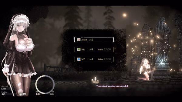 Screenshot from SiNiSistar 2 showing a character in a maid outfit next to a statue, with level stats displayed.