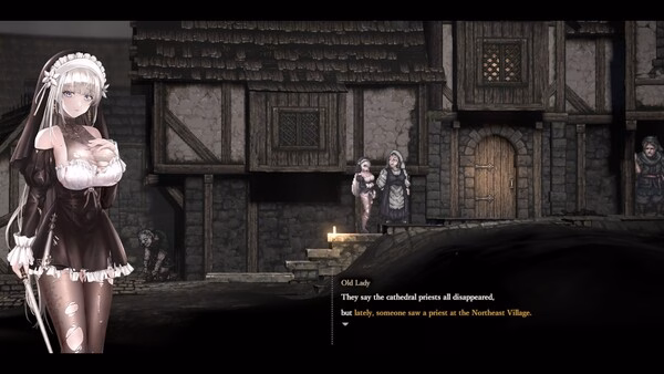 Screenshot from SiNiSistar 2 showing a maid character in a village setting, with dialogue from an old lady.