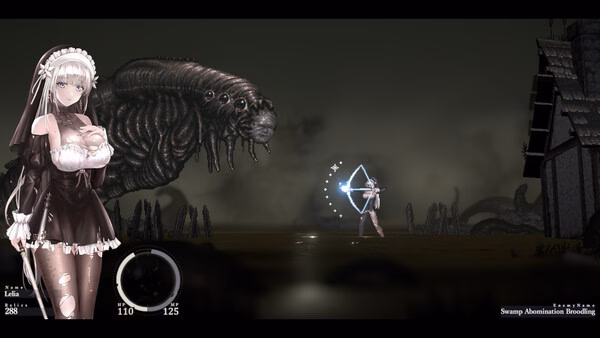 Screenshot from SiNiSistar 2 showing a character in a maid outfit facing a large swamp creature in a dark, eerie setting.