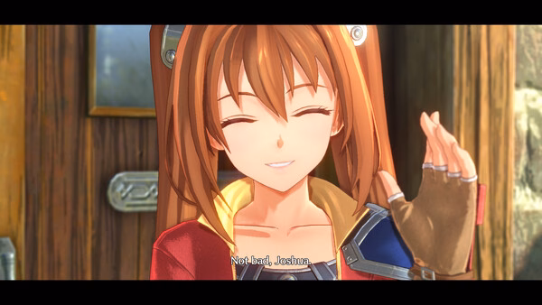 Screenshot of Trails in the Sky 1st Chapter showing a smiling character with long brown hair speaking to someone off-screen.