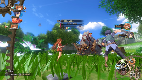 Screenshot from Trails in the Sky 1st Chapter showing characters battling a Rhinocider in a lush grassy field under a bright sky.
