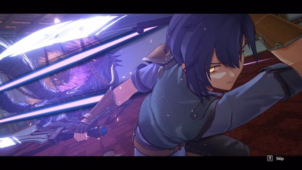 Screenshot from Trails in the Sky 1st Chapter showing a character attacking a monster with glowing blades in a dynamic battle scene.