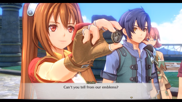Screenshot of Trails in the Sky 1st Chapter showing Estelle holding an emblem, with dialogue and characters in a scenic outdoor setting.