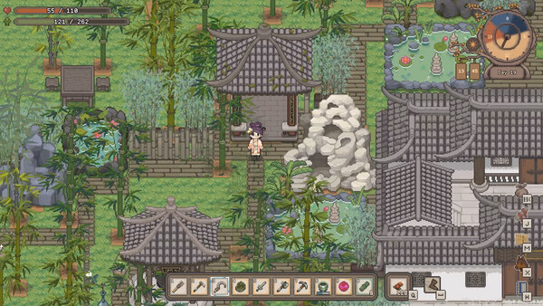 A screenshot from "Halcyon Days at Taoyuan" shows a character exploring a lush garden with traditional-style buildings.