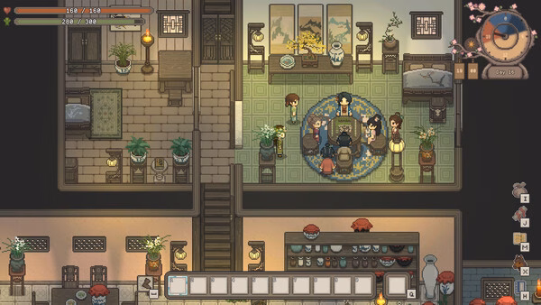 Screenshot from "Halcyon Days at Taoyuan" showing characters gathered around a table in a cozy, lantern-lit house interior.