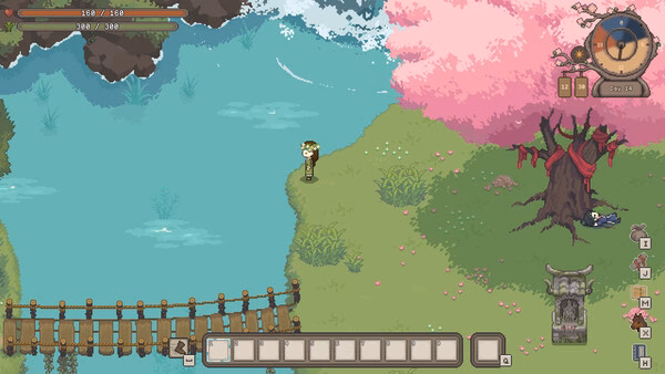 Screenshot of Halcyon Days at Taoyuan showing a character near a river, a pink cherry blossom tree, and a wooden bridge.