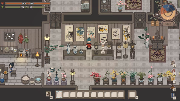 A screenshot from "Halcyon Days at Taoyuan" showing a character in a beautifully decorated room with plants and pottery.