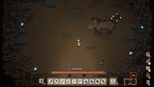 Screenshot from 'Halcyon Days at Taoyuan': A character faces a glowing boar in a dimly lit cave, with tools shown on the interface.