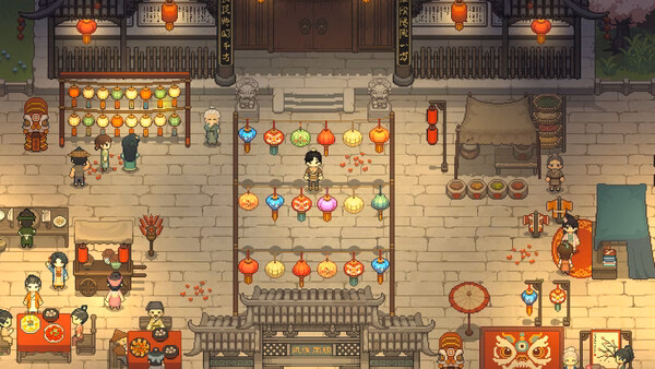 Screenshot from 'Halcyon Days at Taoyuan' showing a lively marketplace with colorful lanterns, vendors, and visitors.