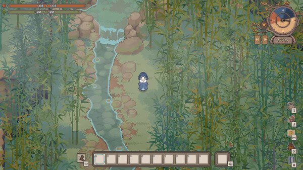 Screenshot from "Halcyon Days at Taoyuan" showing a character standing by a stream surrounded by lush bamboo and greenery.
