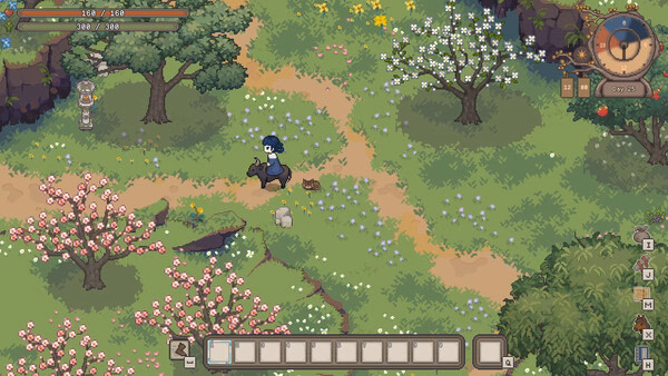 A screenshot from "Halcyon Days at Taoyuan" showing a character riding a horse through a colorful, flower-filled meadow.