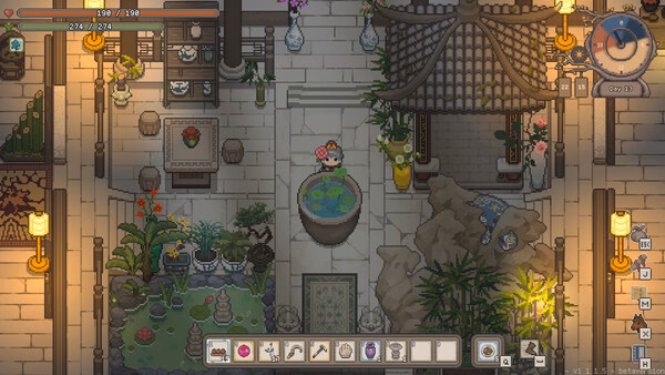 A screenshot from "Halcyon Days at Taoyuan" showing a character in a serene garden with lanterns, plants, and decorative elements.