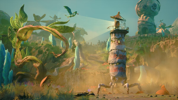 A screenshot from the game Keeper showing a walking tower, lush alien plants, and a flying creature in a vibrant landscape.