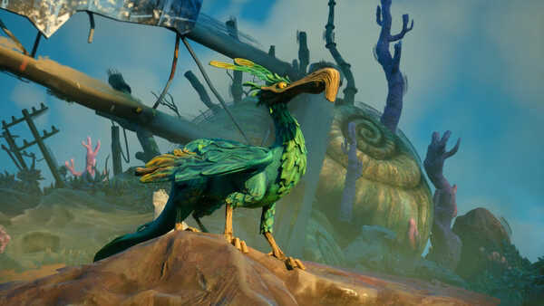 A screenshot from Keeper showing a vibrant, green bird perched on a rock in a colorful, post-apocalyptic landscape.