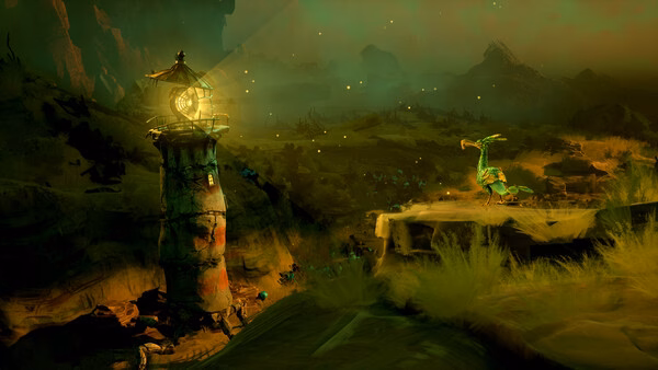 Screenshot from Keeper showing a glowing tower on the left and a bird-like creature perched on a rock in a mysterious landscape.