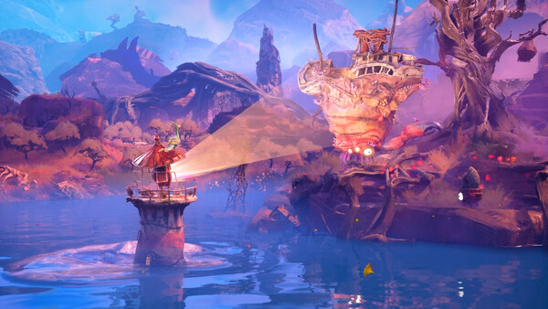 Screenshot from the game Keeper showing a character on a tower shining a light toward a glowing, alien-like structure across the water.