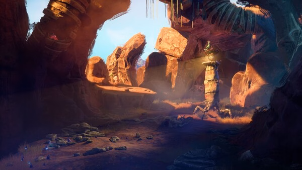 A screenshot from Keeper showing a rocky canyon with a glowing figure standing atop a tall stone pillar in vibrant light.