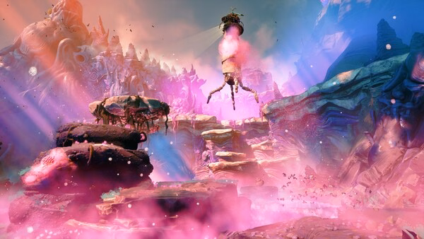 Screenshot from the game Keeper showing a surreal, colorful landscape with floating rocks and a mechanical structure.