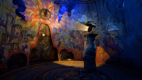 A colorful Keeper screenshot showing a character standing on a pedestal in a vibrant, mural-covered room with glowing details.