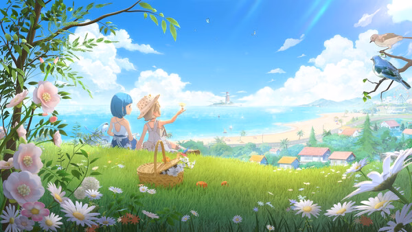 Screenshot from Starsand Island showing two characters sitting on a grassy hill overlooking a beach and colorful village.