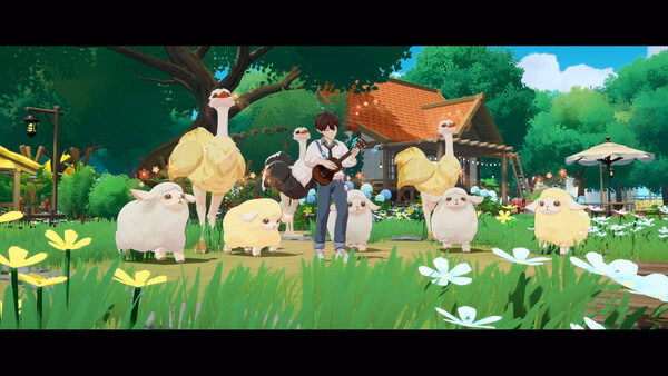 Screenshot from Starsand Island showing a character playing a guitar surrounded by sheep, ostriches, and vibrant greenery.