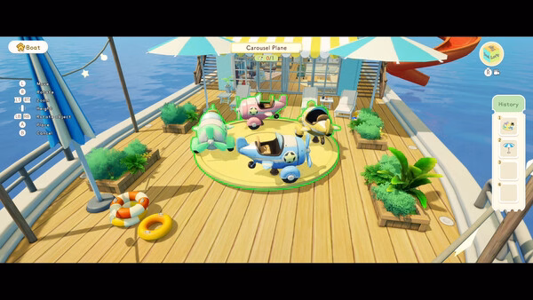 Screenshot from Starsand Island showing a carousel with colorful plane rides on a sunny wooden deck by the water.