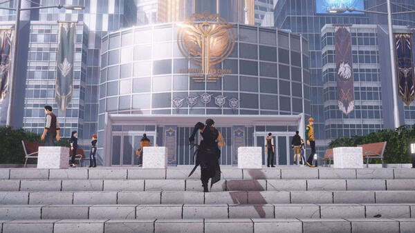 Solo Leveling: ARISE OVERDRIVE screenshot; a character walks up steps toward a large building with banners and other people around.