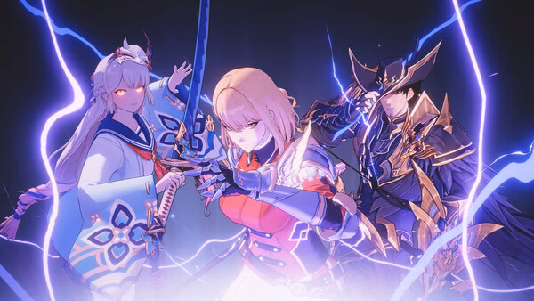 Screenshot from Solo Leveling: ARISE OVERDRIVE showing three characters in dynamic poses surrounded by glowing effects.