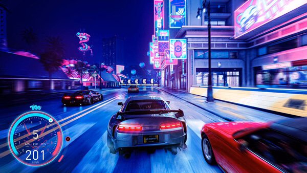 The Crew Motorfest screenshot: Cars speed along a neon-lit city street at night, with vibrant signs and buildings in the background.