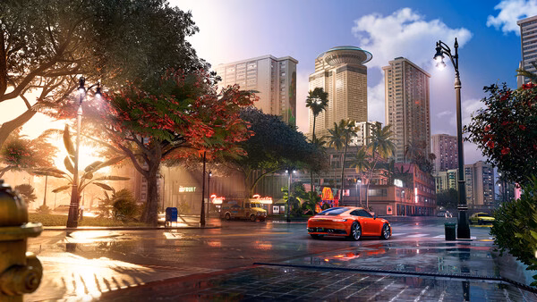 Screenshot from The Crew Motorfest: a red sports car drives through a vibrant city with tall buildings and lush trees under a blue sky.