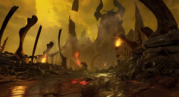 DOOM screenshot: A fiery, desolate landscape with towering structures and ominous skies, evoking a sense of impending doom.