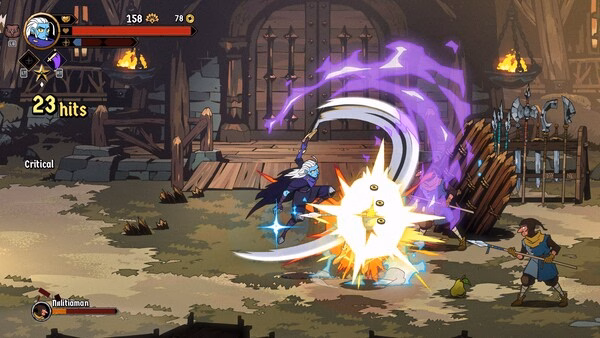 A screenshot from Absolum shows a warrior striking an enemy with a glowing sword, purple energy swirling in the attack.