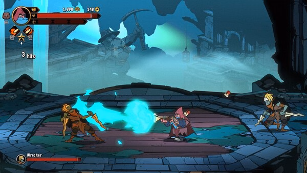 Absolum screenshot: A mage casts a glowing blue spell at a sword-wielding foe in a ruined arena with a misty backdrop.