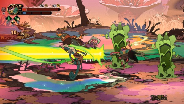A screenshot from Absolum shows a vibrant battle scene with characters attacking enemies using glowing green energy beams.
