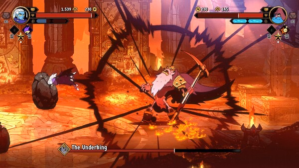 Screenshot from Absolum showing a battle with The Underking wielding a scythe in a fiery, lava-filled arena.