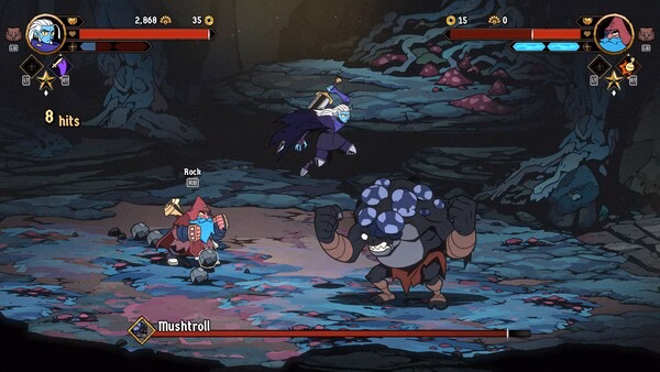 Absolum screenshot: A character battles two enemies, Rock and Mushtroll, in a colorful, rocky underground arena.