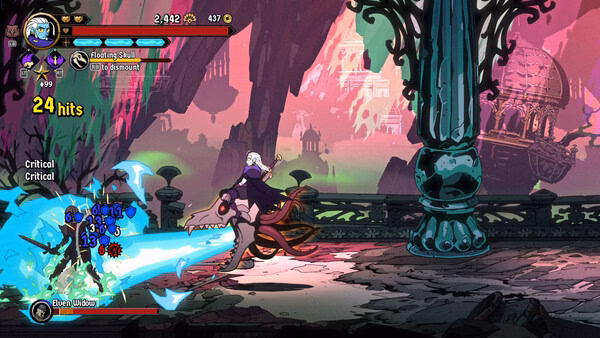 A screenshot from Absolum shows a character battling enemies with bright energy attacks in a colorful, ruined landscape.