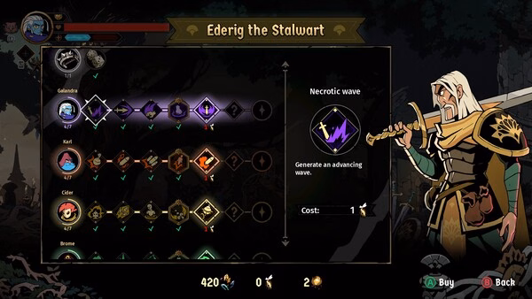 Screenshot from Absolum showing Ederig the Stalwart's skill tree, highlighting the Necrotic Wave ability with its description and cost.