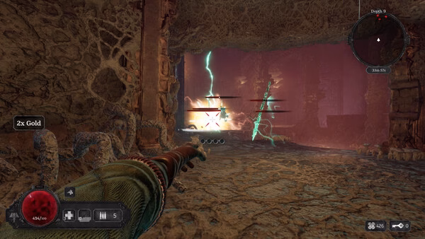 A screenshot from Abyssus showing a player aiming at enemies with lightning effects in a cavernous, eerie environment.