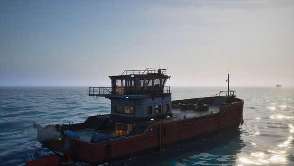 A screenshot from "The Last Caretaker" showing a detailed cargo ship floating on calm ocean waters under a clear sky.