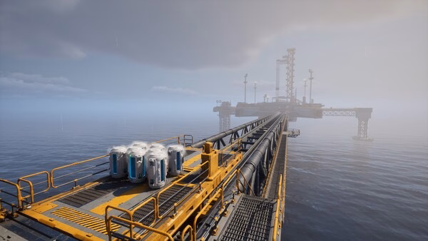 A screenshot from "The Last Caretaker" showing a foggy offshore platform with industrial structures and containers.