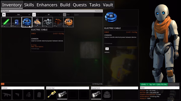 Screenshot from The Last Caretaker showing inventory menu with an electric cable highlighted and a robotic character on the right.