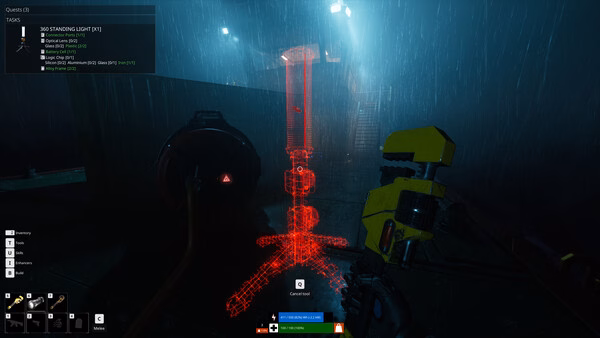 Screenshot from The Last Caretaker showing a player fixing a glowing red tower in a rainy, dimly lit environment.