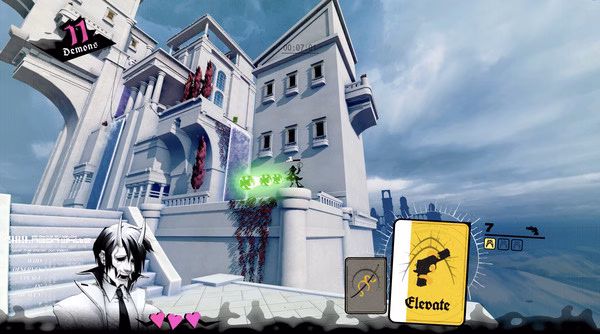 Screenshot from Neon White showing a character leaping towards a white building, with cards and a timer displayed.