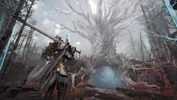 Screenshot from Mistfall Hunter showing a knight with a sword facing a massive, intricate white tree in a mystical forest.