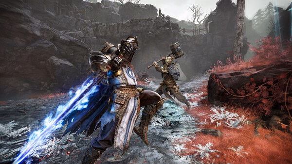 Mistfall Hunter screenshot: Two armored warriors clash in a rocky, autumnal landscape, wielding a glowing sword and a hammer.