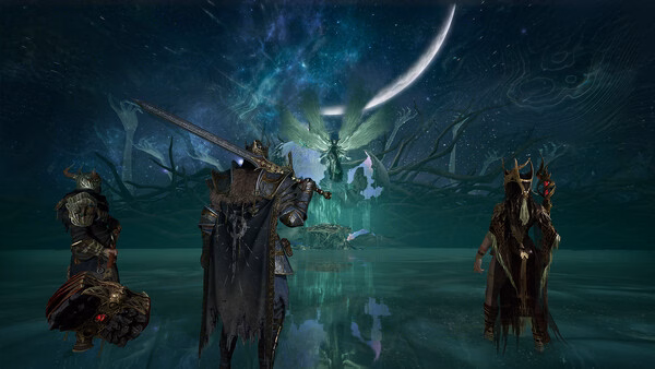Mistfall Hunter screenshot: Three armored characters face a glowing dragon in a mystical landscape under a crescent moon.