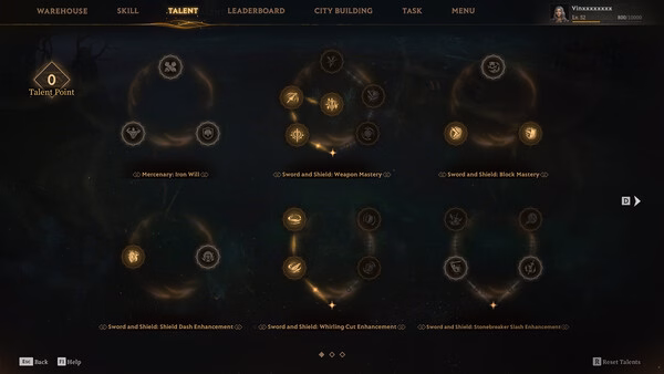 Screenshot from Mistfall Hunter showing the talent tree menu with various skill icons and descriptions available for selection.